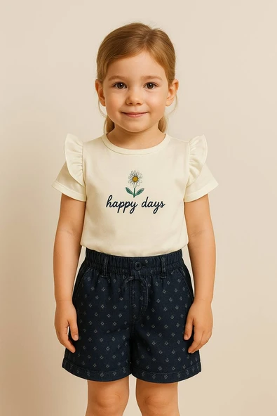 "Happy Days" Nakışlı Tişört ve Desenli Şort Takım