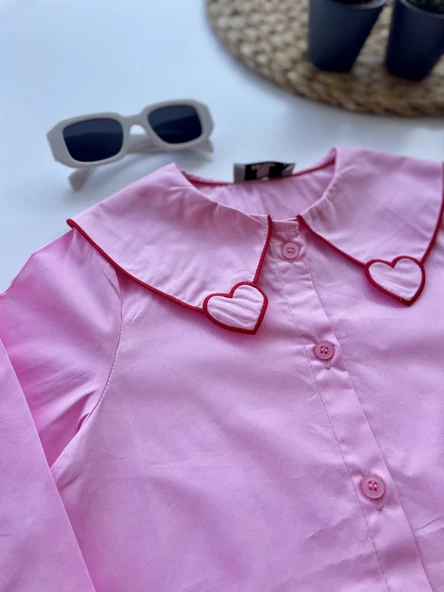 Kalp Detaylı Pembe Gömlek ve Koyu Mavi Kot Pantolon Takım - 6