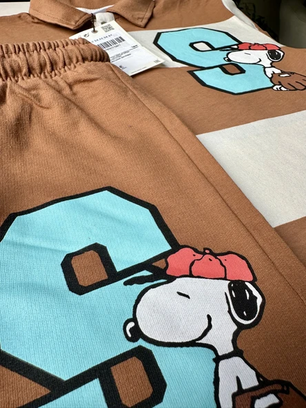 Çizgili Polo Yaka "Snoppy" Baskılı Kahverengi Takım - 2
