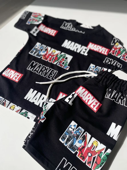 Marvel Baskılı Çocuk Tişört & Şort Takım – Siyah - 2