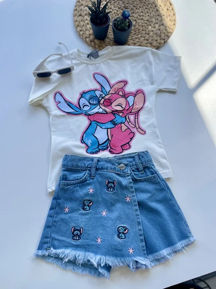 "Stitch" Baskılı Tişört ve Nakışlı Kot Şort Takım