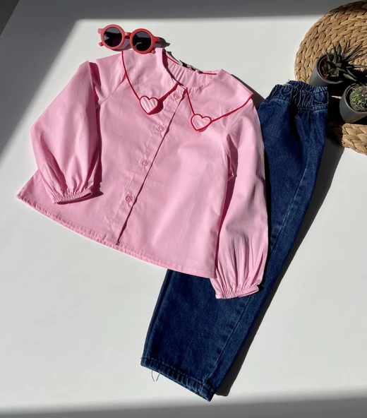 Kalp Detaylı Pembe Gömlek ve Koyu Mavi Kot Pantolon Takım - 8