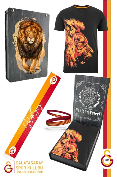Galatasaray Orijinal Lisanslı Aslan Baskılı T-Shirt + Bileklik + Atkı Set Hediyelik Ahşap Kutulu