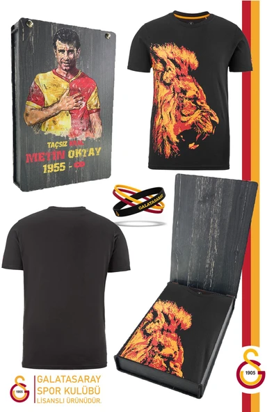 Galatasaray Orijinal Lisanslı Aslan Baskılı T-Shirt + Bileklik Set Hediyelik Ahşap Kutulu