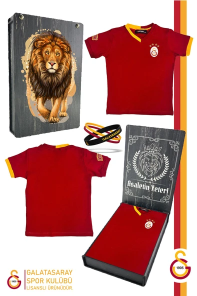 Galatasaray Orijinal Lisanslı Kırmızı Basic Çocuk T-shirt + Bileklik Set Hediyelik Ahşap Kutulu