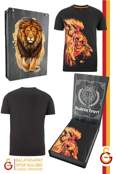 Galatasaray Orijinal Lisanslı Aslan Baskılı T-Shirt Gs Aslan Baskılı Hediyelik Ahşap Kutulu
