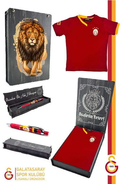 Galatasaray Orijinal Lisanslı Kırmızı Basic Çocuk T-shirt + Uçlu Kalem Set Hediyelik Ahşap Kutulu
