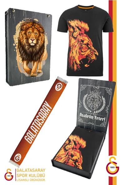 Galatasaray Orijinal Lisanslı Aslan Baskılı T-Shirt + Şal Kaşkol Set Hediyelik Ahşap Kutulu