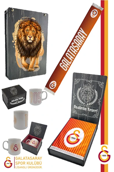 Galatasaray Orijinal Çift Yön Baskılı Şal Kaşkol Atkı Seramik Kupa Set Aslan Baskılı Ahşap Kutulu