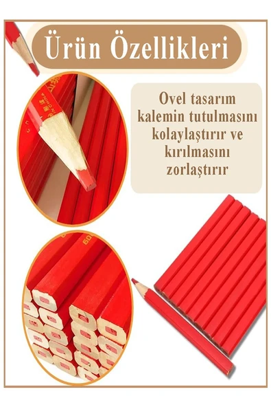Marangoz Kalem Kırmızı Oval 24 Adet 1 Paket Kalın Oval Marangoz İnşaat Kalemi Aşap Beton İşaretleme Kalemi Kalın Kalem - Resim 5