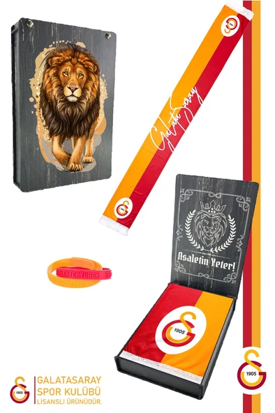 Galatasaray Orijinal Çift Yön Baskılı Şal Kaşkol ve Bileklik Set Atkı Aslan Baskılı Ahşap Kutulu