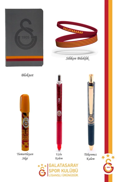 Galatasaray Orijinal Lisanslı Premium Kalem Bileklik Bloknot Silgi Hediyelik Set - 2