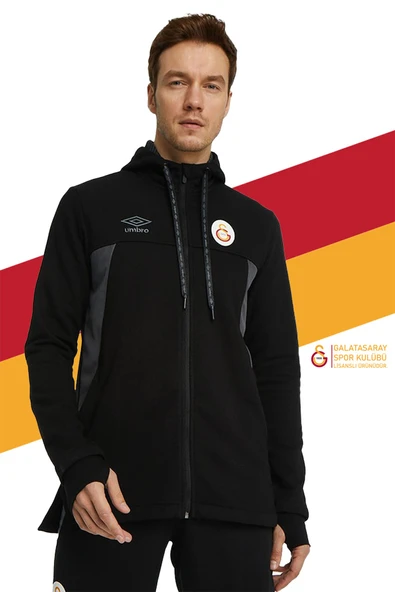 Galatasaray Orijinal Lisanslı Kapüşonlu Siyah Fermuarlı Hoodie