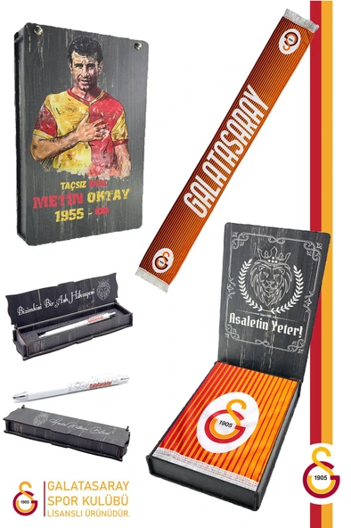 Galatasaray Orijinal Lisanslı Şal Kaşkol Atkı ve Premium Uçlu Kalem Set Aslan Baskılı Ahşap Kutulu