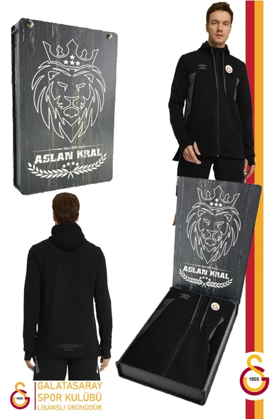 Galatasaray Orijinal Lisanslı Kapüşonlu Siyah Fermuarlı Hoodie Hediyelik Ahşap Kutulu