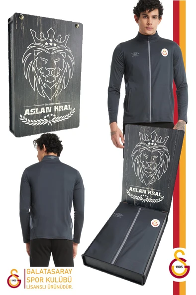 Galatasaray Orijinal Lisanslı Dik Yaka Fermuarlı Antrasit Sweat Hediyelik Ahşap Kutulu