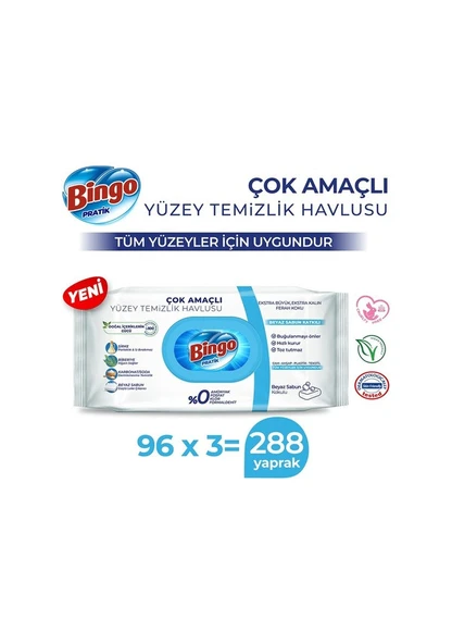 BİNGO Beyaz Sabun Katkılı Yüzey Temizlik Havlusu 96 Yapraklı x 3 adet - Resim 5