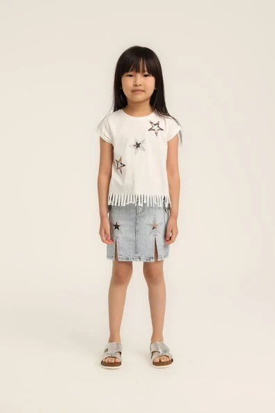 Kız Bebek Yıldız Baskılı Püsküllü Tshirt