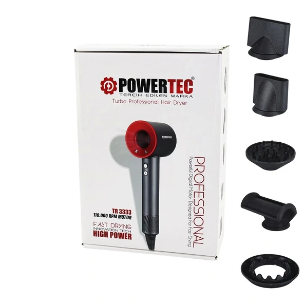 PLAZMA SAÇ KURUTMA - FÖN MAKİNESİ TURBO PROF 5 PCS UÇ - 3 KADEME SICAKLIK - HASSASİYET HIZLI KURUTMA  TR-3333 (5047)