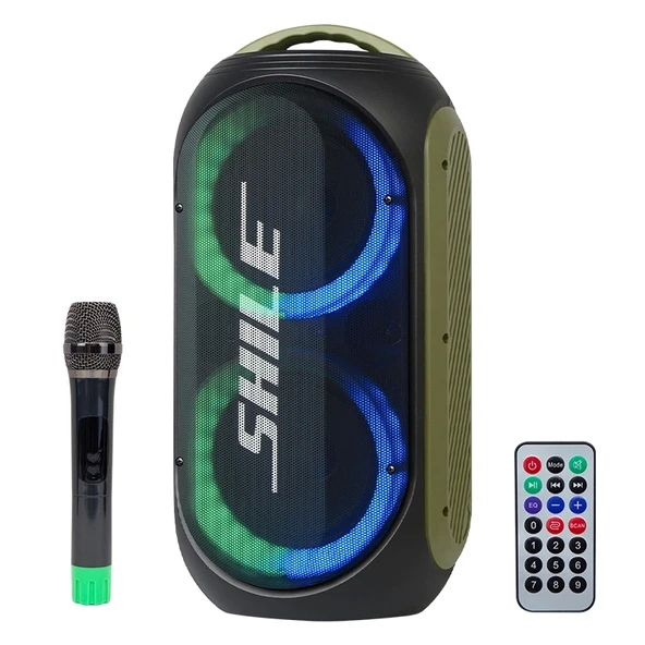 SHİLE SL-2019A EL MİKROFONLU-2 MİK GİRİŞ -2 GİTAR GİRİŞLİ KUMANDALI USB/SD/BT/FM IŞIKLI TAŞINABİLİR ŞARJLI SEYYAR ANFİ (
