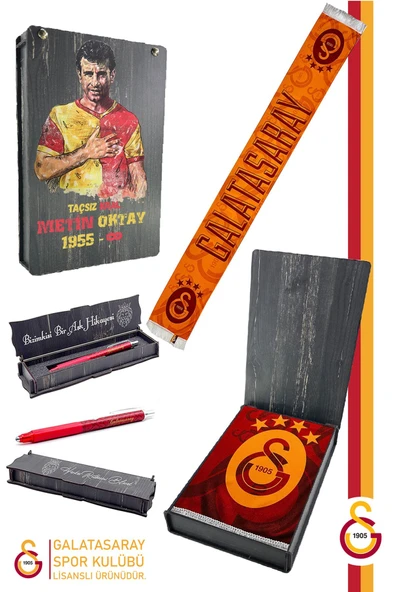 Galatasaray Orijinal Lisanslı Şal Kaşkol Atkı ve Premium Uçlu Kalem Set Aslan Baskılı Ahşap Kutulu