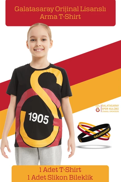 Galatasaray Orijinal Lisanslı Büyük Logo Çocuk T-shirt + Bileklik Set Hediyelik Ahşap Kutulu - 2