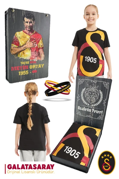 Galatasaray Orijinal Lisanslı Büyük Logo Çocuk T-shirt + Bileklik Set Hediyelik Ahşap Kutulu