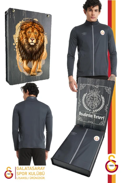 Galatasaray Orijinal Lisanslı Dik Yaka Fermuarlı Antrasit Sweat Gs Aslan Baskı Hediyelik Ahşap Kutu