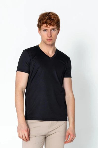 Erkek Fit Rahat Naylon V Yaka Seyahatlik Kırışmaz T-Shirt - 2