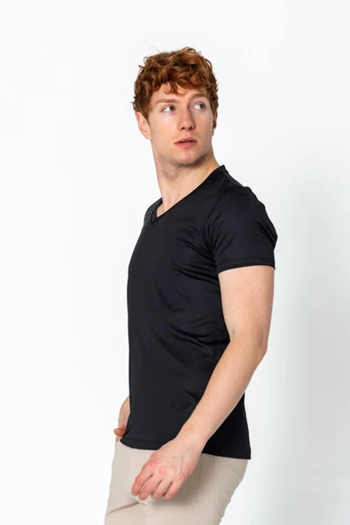 Erkek Fit Rahat Naylon V Yaka Seyahatlik Kırışmaz T-Shirt - 4