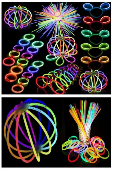 Glow 100 adet (100çubuk+100bağlantı aparat)Fosforlu Neon Karanlıkta Parlayan Çubuklar Bileklik Kolye Yapma seti - 5