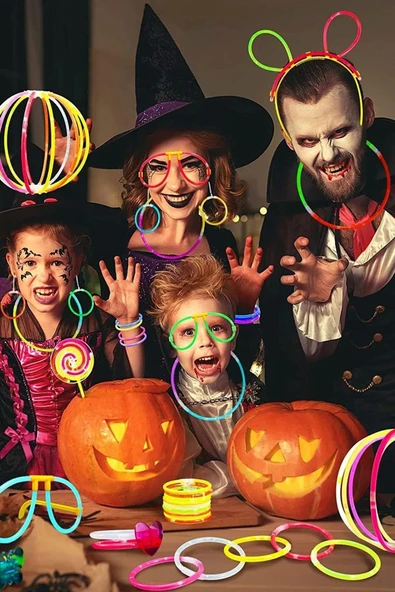 Glow 100 adet (100çubuk+100bağlantı aparat)Fosforlu Neon Karanlıkta Parlayan Çubuklar Bileklik Kolye Yapma seti