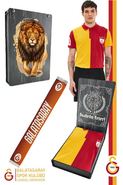 Galatasaray Orijinal Lisanslı Polo Yaka Metin Oktay T-Shirt + Şal Kaşkol Set Hediyelik Ahşap Kutulu