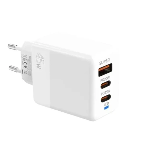 ALLY PD40 2xType-C + USB QC3.0 PD 45W Hızlı Sarj Adaptörü Sarj Başlığı Beyaz