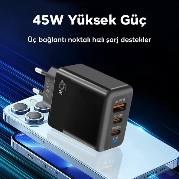 ALLY PD40 2xType-C + USB QC3.0 PD 45W Hızlı Sarj Adaptörü Sarj Başlığı Siyah - Resim 4