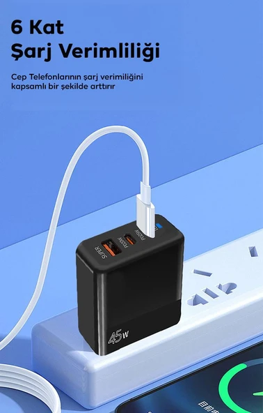 ALLY PD40 2xType-C + USB QC3.0 PD 45W Hızlı Sarj Adaptörü Sarj Başlığı Siyah - Resim 2