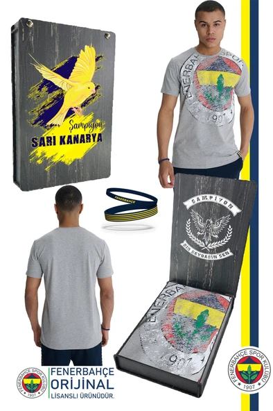 Fenerbahçe Orijinal Lisanslı 6 Renk Logo Gri Tribün T-Shirt + Bileklik Set Hediyelik Ahşap Kutulu
