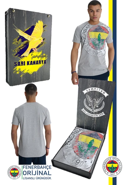 Fenerbahçe Orijinal Lisanslı 6 Renk Logo Gri Tribün T-Shirt Hediyelik Ahşap Kutulu ürün görseli