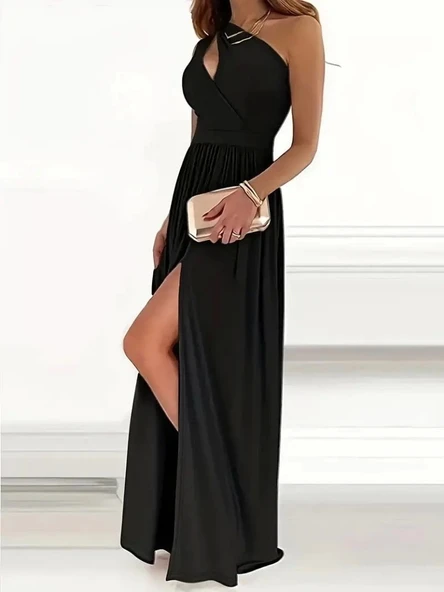 Kadın Omuzlardan Açık Asimetrik Yaka Detaylı Yırtmaçlı Maksi Boy Janjan Krep Elbise - Resim 4