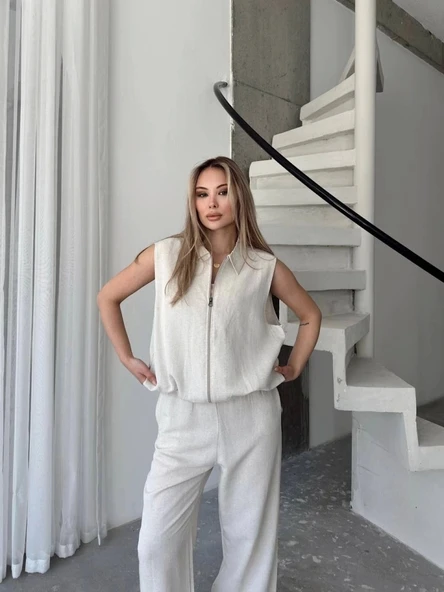 Keten Tam Fermuarlı Kolsuz Ceket Pantolon Ikili Takım- Beyaz