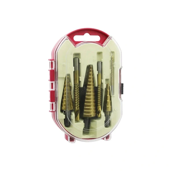 6PCS  KADEMELİ MATKAP UCU SETİ HSS ADIM - DÜZ OLUK - KONİK DELİCİ KIRMIZI PLS.AYAKLI KUTU - ŞEFFAF KAPAK (5047)