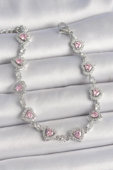 Pirinç Gümüş Renk Zirkon Taşlı Pembe Kalp Model VIP Seri Kadın Bileklik - TJ-BB6914 ürün görseli 1