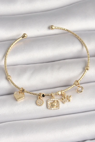 Pirinç Gold Renk Sallantı Zirkon Taşlı Ayıcık Figür Taç Detay Charm Kadın Bileklik - TJ-BB6928
