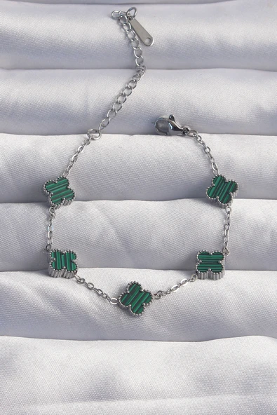 316L Çelik Baby Boy Gümüş Renk Çizgili Yeşil Mineli Yonca Bileklik - TJ-BB6270