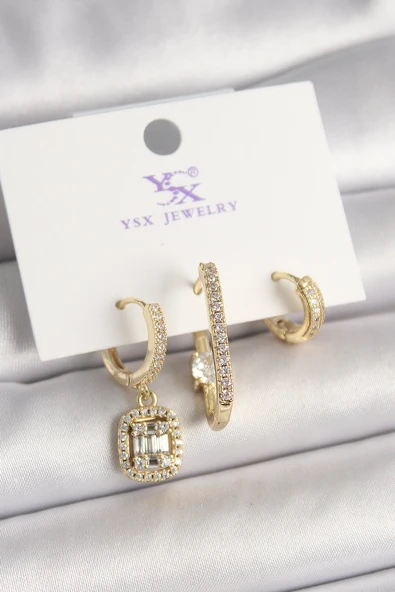 Pirinç Gold Renk Zirkon Taşlı Baget Halka Model 3'Lü Kadın Kombin Küpe - TJ-BKP10467