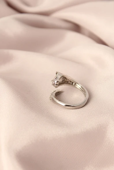 Gümüş Renk Metal Zirkon Taşlı Kaplan Model Ayarlanabilir Kadın Yüzük - TJ-BYK2153 - 2