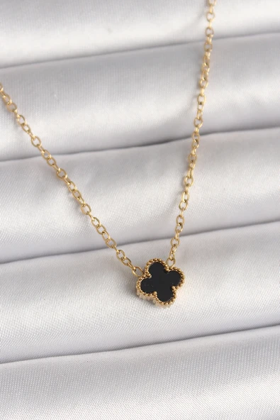 316L Çelik Gold Renk Siyah Yonca Model Kadın Kolye - TJ-BKO10021 ürün görseli