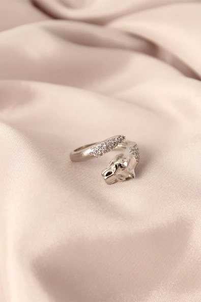 Gümüş Renk Metal Zirkon Taşlı Kaplan Model Ayarlanabilir Kadın Yüzük - TJ-BYK2153