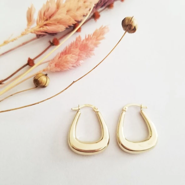 Altın Küpe 14K 585 Parlak Çanta Tasarım  2.3 cm Zarif Küpe Bombeli - 2