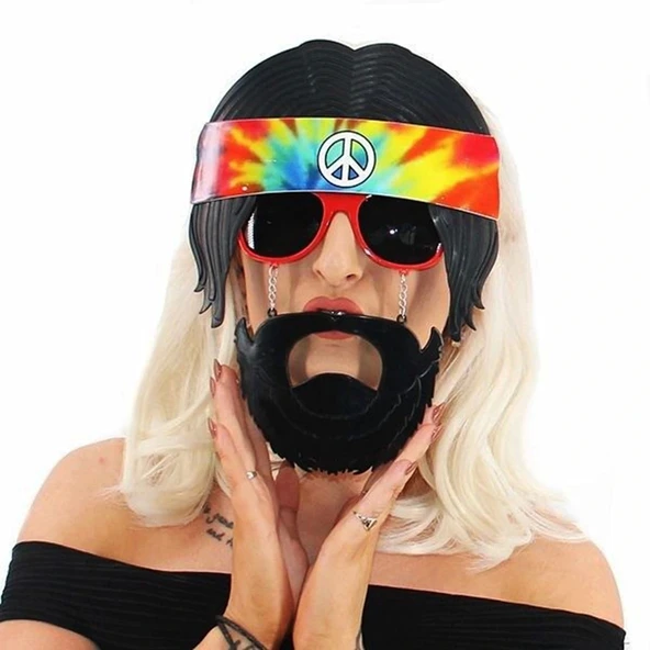 Siyah Saçlı Bandana Tasarımlı Hippi Parti Gözlüğü 26x18 cm (5047)